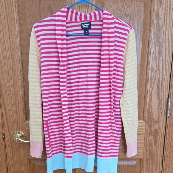 Lands' End Sweaters - Lands' End Women's Colorful Striped Cardigan - Pink, Yellow, and Blue